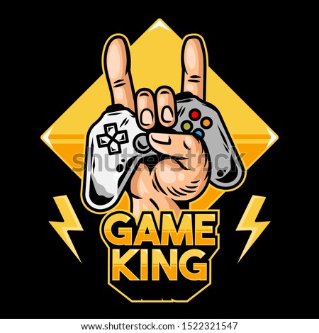 Hand of game king which keep modern gamepad joystick game controller for play video game and show rock sign. Clothes t-shirt design vector illustration with geek culture icon print apparel for gamer.