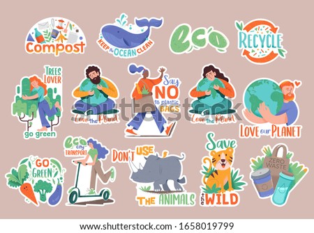 Set collection of modern doodle hipster stickers with many eco friendly people, slogans and signs. Badges design with wild animals, planet, green treeth, cute characters, phrases. Compost zero waste.