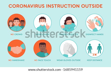Set icons infographic of prevention tips quarantine coronavirus Covid-19 instruction outside of street for people and society. Safety rules during pandemic ncov-2019. Information poster brochure.