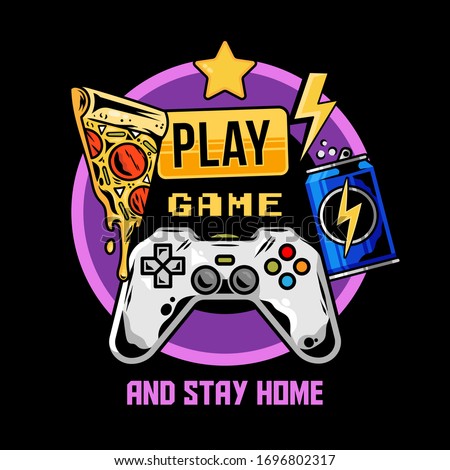Apparel print design for gamer and geek culture with gamepad joystick for games pizza energy drink and with quarantine isolation style message 
