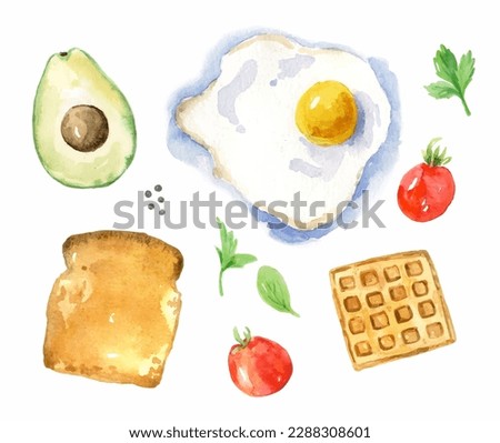 Watercolor set of breakfast food. Hand-drawn illustration isolated on the white background