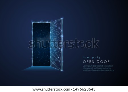 Abstract open door to universe. Low poly style design. Abstract geometric background. Wireframe light connection structure. Modern 3d graphic concept. Isolated vector illustration.