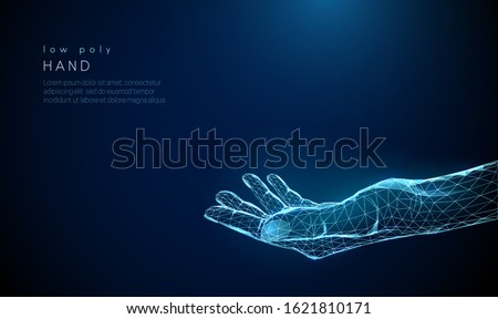 Abstract giving hand. Low poly style design. Blue geometric background. Wireframe light connection structure. Modern 3d graphic concept. Isolated vector illustration.