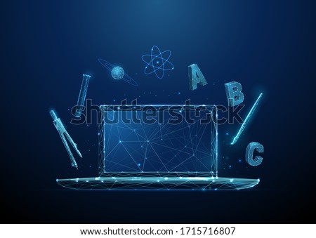Open laptop with symbols of school subjects - alphabet, chemistry tube, drawing brush, compasses tool. Online learning and distance education concept Low poly style Modern 3d wireframe  graphic Vector