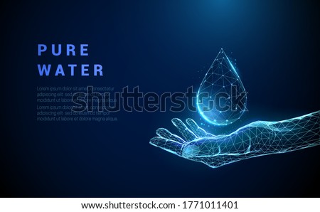 Abstract hand holding drop of water. Low poly style design. Blue geometric background. Wireframe light connection structure. Modern 3d graphic concept. Isolated vector illustration.