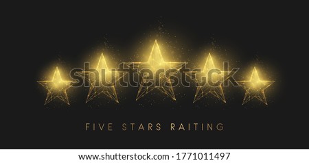 5  stars raiting. Abstract golden stars. Low poly style design. Abstract geometric background. Wireframe light connection structure. Modern 3d graphic concept. Isolated vector illustration.