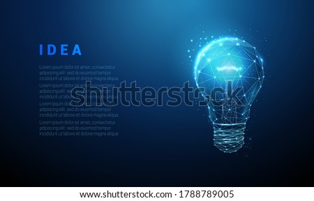 Abstract blue glowing light bulb. Low poly style design. Abstract geometric background. Wireframe light connection structure. Modern 3d graphic concept. Isolated vector illustration.