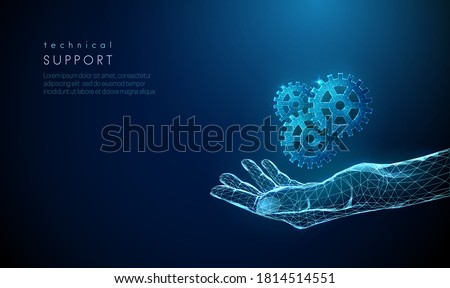 Abstract giving hand with cogwheels. Low poly style design. Artificial intelligence and machine learning concept. Modern 3d graphic geometric background. Wireframe light connection structure. Vector.