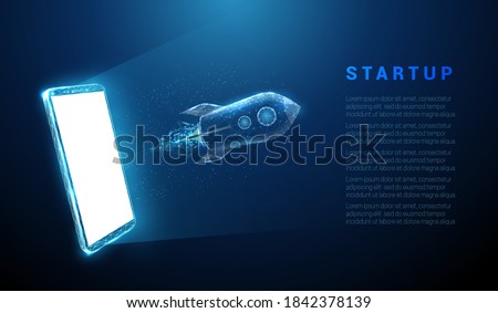Abstract rocket launch from smartphone. Start up concept in low poly style design. Blue geometric background Wireframe light connection structure Modern 3d graphic concept Isolated vector illustration