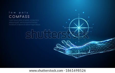 Abstract giving hand with compass. Low poly style design. Hello winter concept. Modern 3d graphic geometric background. Wireframe light connection structure. Isolated vector illustration. Stockfoto © 