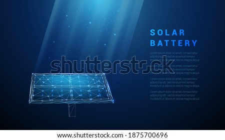 Abstract blue solar battery, solar panel, renewable energy. Low poly style design. Geometric background. Wireframe light connection structure. Modern 3d graphic concept. Isolated vector illustration.