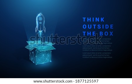 Abstract open box and rocket launch. Think outside the box. Low poly style design. Geometric background. Wireframe light connection structure. Modern 3d graphic concept. Isolated vector illustration.