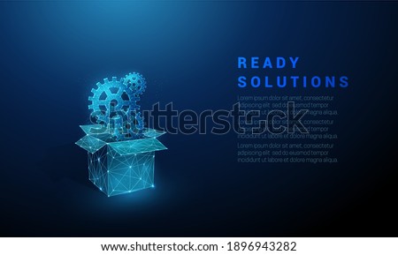 Abstract open box with cog wheels. Low poly style design. Geometric background. Wireframe light connection structure. Modern 3d graphic concept. Isolated vector illustration.