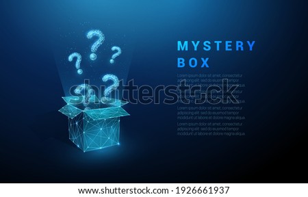 Abstract blue question marks flying from the open box.  Low poly style design. Geometric background. Wireframe light connection structure. Modern 3d graphic concept. Isolated vector illustration