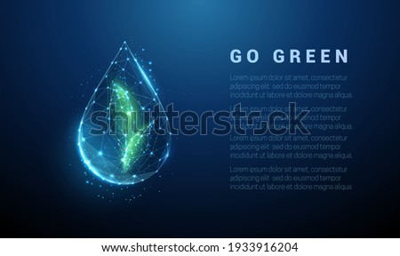 Falling drop of water with green leafs inside. Low poly style design. Abstract geometric background. Wireframe light connection structure. Modern 3d graphic ecological concept. Vector illustration.