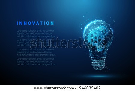 Abstract blue glowing light bulb with gears inside. Low poly style design. Abstract geometric background. Wireframe light connection structure. Modern 3d graphic concept. Vector illustration.