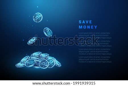 Abstract coins pile with falling down coins. Saving money concept. Low poly style design. Blue geometric background. Wireframe light connection structure. Modern 3d graphic. Isolated vector illustrati