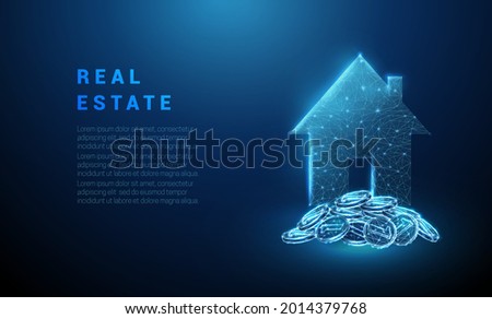 Abstract glowing blue pile of coins and house icon. Real estate concept. Low poly style. Geometric background. Wireframe light connection structure. Modern 3d graphic background. Vector illustration