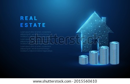 Abstract glowing blue stack of coins and house icon. Real estate concept. Low poly style. Geometric background. Wireframe light connection structure. Modern 3d graphic background. Vector illustration