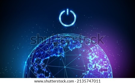 Abstract blue planet Earth with power button over it. Earth hour concept. Low poly style design. Geometric background. Wireframe light connection structure. Modern 3d graphic. Vector illustration.