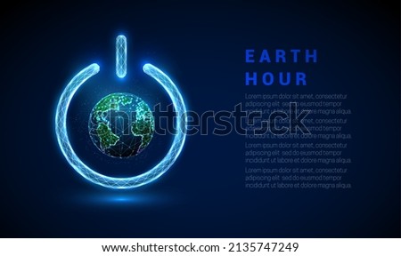 Abstract blue glowing planet Earth in power button. Earth hour concept. Low poly style design. Geometric background. Wireframe light connection structure. Modern 3d graphic. Vector illustration. 商業照片 © 