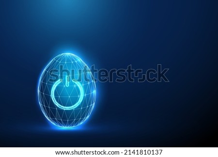 Abstract blue egg with power button on it.  Low poly style design. Geometric background. Wireframe light connection structure. Modern 3d graphic. Vector illustration.