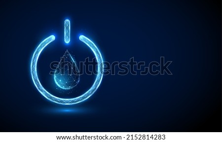 Abstract blue water drop inside the glowing power button.  Low poly style design. Geometric background. Wireframe light connection structure. Modern 3d graphic. Vector illustration.