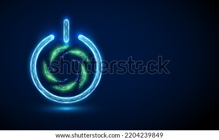 Abstract  green leafs in circle in power button.  Low poly style design. Geometric background. Wireframe light connection structure. Modern 3d graphic. Vector illustration.
