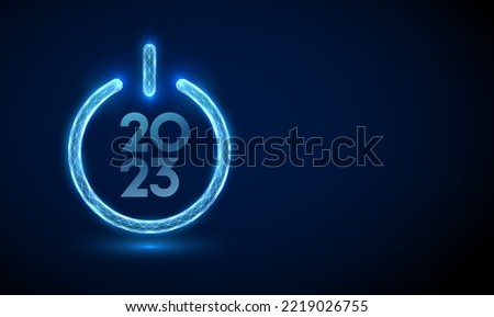 Number 2023 inside the abstract blue power button. Happy  New Year greeting card. Low poly style design. Geometric background. Wireframe light connection structure. Modern 3d graphic. Vector.