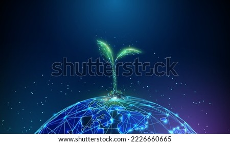 Abstract blue planet Earth with green plant sprout over it. Low poly style design. Geometric background. Wireframe light connection structure. Modern 3d graphic. Vector illustration.