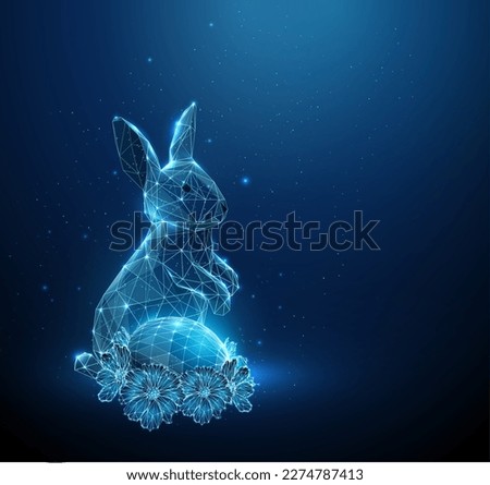 Abstract blue rabbit with easter egg and spring flowers. Easter Bunny. Low poly style design. Abstract geometric background. Wireframe light connection structure. Modern 3d graphic concept. Vector.