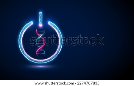 Abstract blue and purple 3d DNA molecule helix in power button. Gene editing genetic biotechnology engineering concept. Low poly style. Geometric  graphic wireframe light connection structure. Vector 