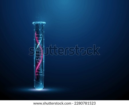 Color 3d DNA molecule helix in the lab test tube. Scientific research concept. Gene editing, genetic biotechnology engineering. Low poly style. Abstract wireframe light structure. Vector
