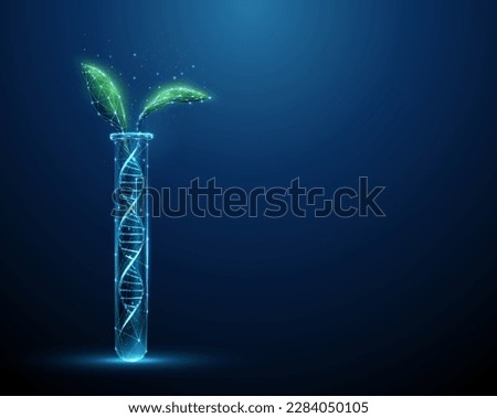 Green plant leafs growing from blue 3d DNA molecule helix in test tube. Genetically modified product. Gene editing, genetic biotechnology engineering concept. Low poly style Abstract wireframe Vector.