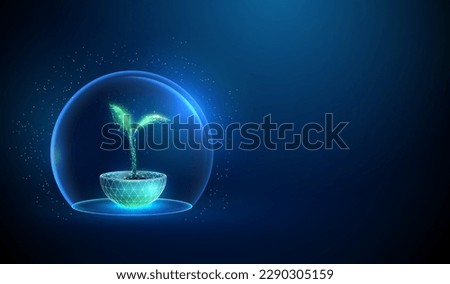 Abstract green  growing plant in pot inside glass dome. Nature protection concept. Low poly style design. Blue geometric background. Wireframe light connection structure. 3d graphic concept. Vector