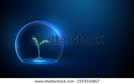 Abstract green growing plant inside glass dome. Nature protection concept. Low poly style design. Blue geometric background. Wireframe light connection structure. 3d graphic concept. Vector