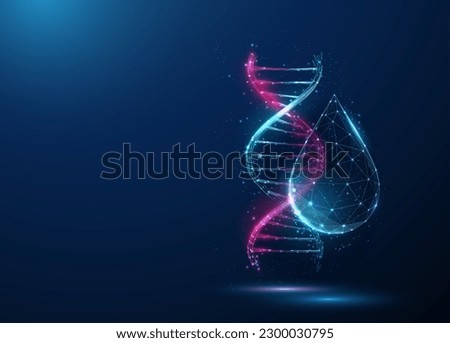 Abstract blue and purple DNA molecule helix and drop of water. Genetic biotechnology engineering concept. Low poly style design. Geometric background. Wireframe graphic connection structure. Vector