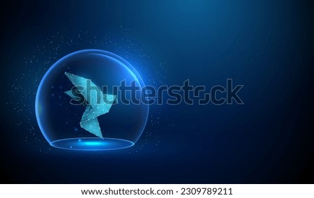Abstract blue glass dome with paper origami bird. Protection concept. Low poly digital style design. Blue geometric background. Wireframe connection structure. Modern 3d graphic concept. Vector