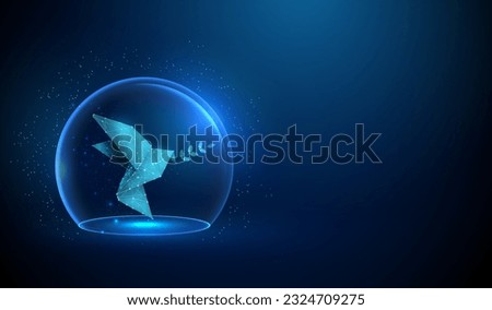 Abstract blue paper origami bird with olive branch in glass dome. Protection concept. Low poly digital style design. Geometric background. Wireframe connection structure. Modern 3d graphic. Vector.