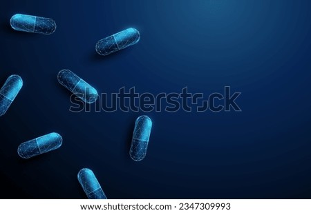 Top view of a group of abstract blue medical drug capsules. Healthcare, pharmacy concept. Low poly style design. Geometric background. Wireframe light connection structure. Modern 3d graphic. Vector.