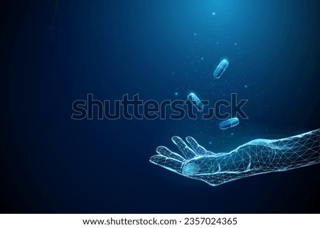Abstract blue giving hand with flying medical capsules. Low poly style design. Availability of medicines concept. Modern 3d graphic geometric background. Wireframe light connection structure. Vector