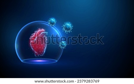 Abstract red human heart in transparent glass dome with attacking viruses. Heart protection. Healthcare medical concept. Low poly style. Geometric background. Wireframe connection structure.  Vector.