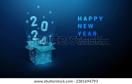 Abstract open gift box and flying numbers 2024, blue stars. Low poly style design. Geometric background. Wireframe light connection structure. Modern 3d graphic concept. Vector illustration.