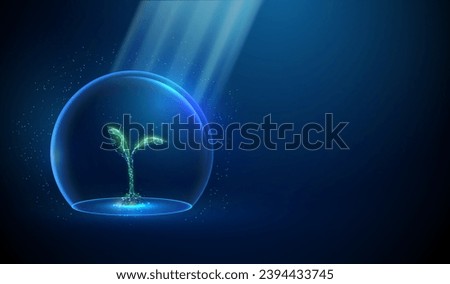 Abstract green growing plant inside glass dome and sun beams. Nature protection and smart farming concept. Low poly style. Blue geometric background. Wireframe light tructure. 3d graphic. Vector