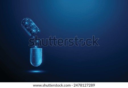 Abstract opened blue medical drug capsule with bubbles shifting from one part to another. Healthcare medical pharmacy concept. Low poly style. Geometric background. Wireframe light structure. Modern 3