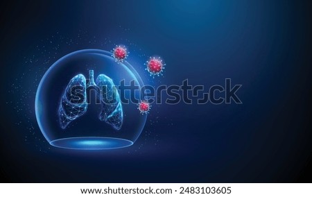 Abstract blue human lungs inside a glass dome and red viruses outside Neon sphere shield Healthcare protection medical concept Futuristic low poly style Geometric background Tecnology wireframe Vector