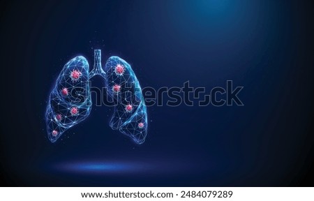 Abstract blue human lungs wih red viruses inside. Respiratory and viral lung diseases, healthcare protection medical concept. Low poly style. Geometric background Wireframe structure 3d graphic Vector