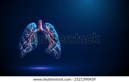 Abstract blue lungs with red human bronchial tree structure. Lungs anatomy, left and right bronchus, bronchioles, trachea Healthcare medical concept. Low poly style. Geometric Wireframe graphic Vector