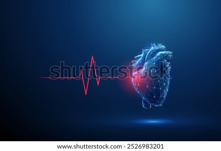 Abstract blue human heart with red cardio pulse line and red circle. Healthcare medical concept. Low poly style. Geometric background. Wireframe light connection structure. Modern 3d graphic. Vector