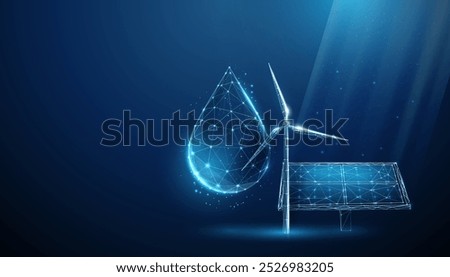 Abstract blue solar panel, wind turbine and drop of water. Renewable power generation, green energy concept. Alternative source of energy. Low poly style. Wireframe light connection structure Vector.